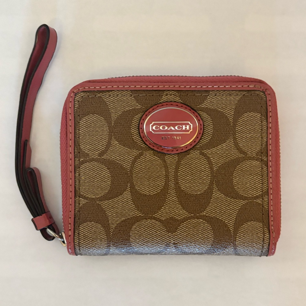 Coach Brown Signature Canvas Wallet with Pink Trim